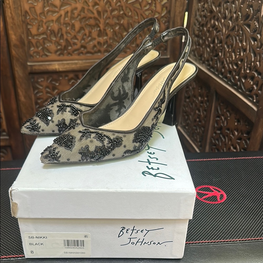 Betsey Johnson Black Beaded Slingback Heels